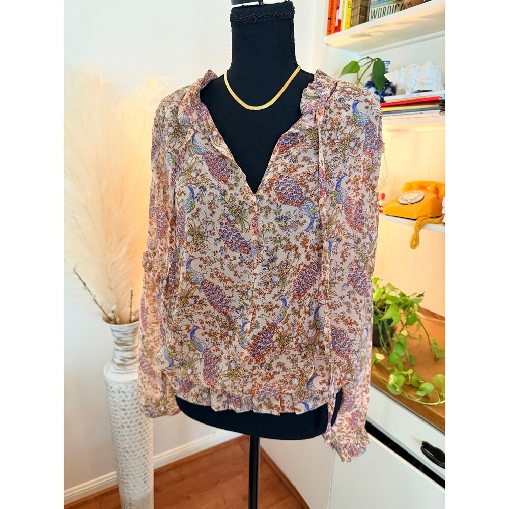 DayTrip Boho Sheer Peacock Print Neutral Sheer Ruffle Trim Cottagecore Top S